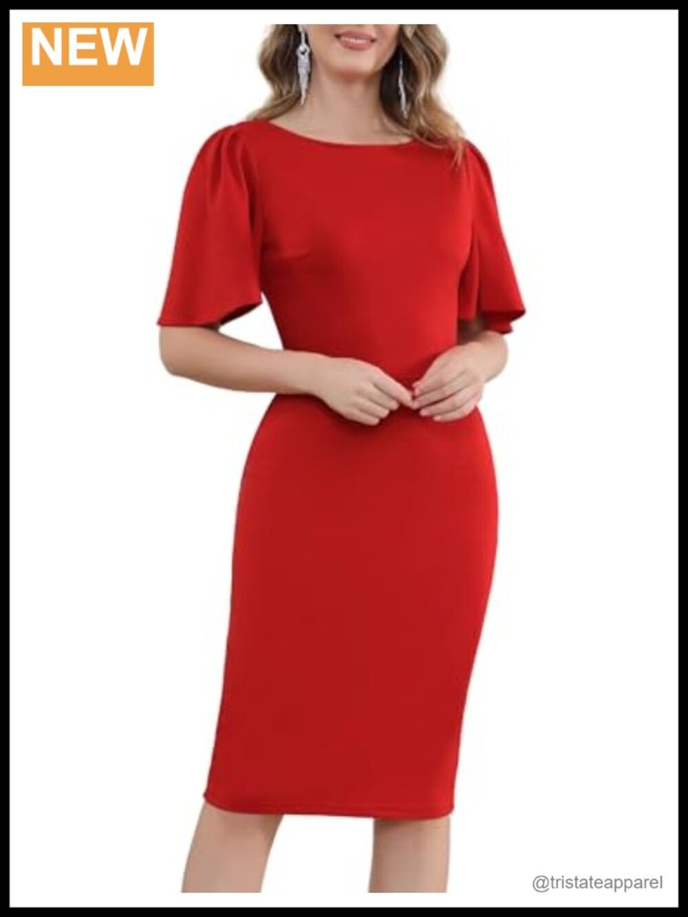 Women's Sheath Midi Work Dress Short Ruffle Sleeve Crew Neck Zipper Back